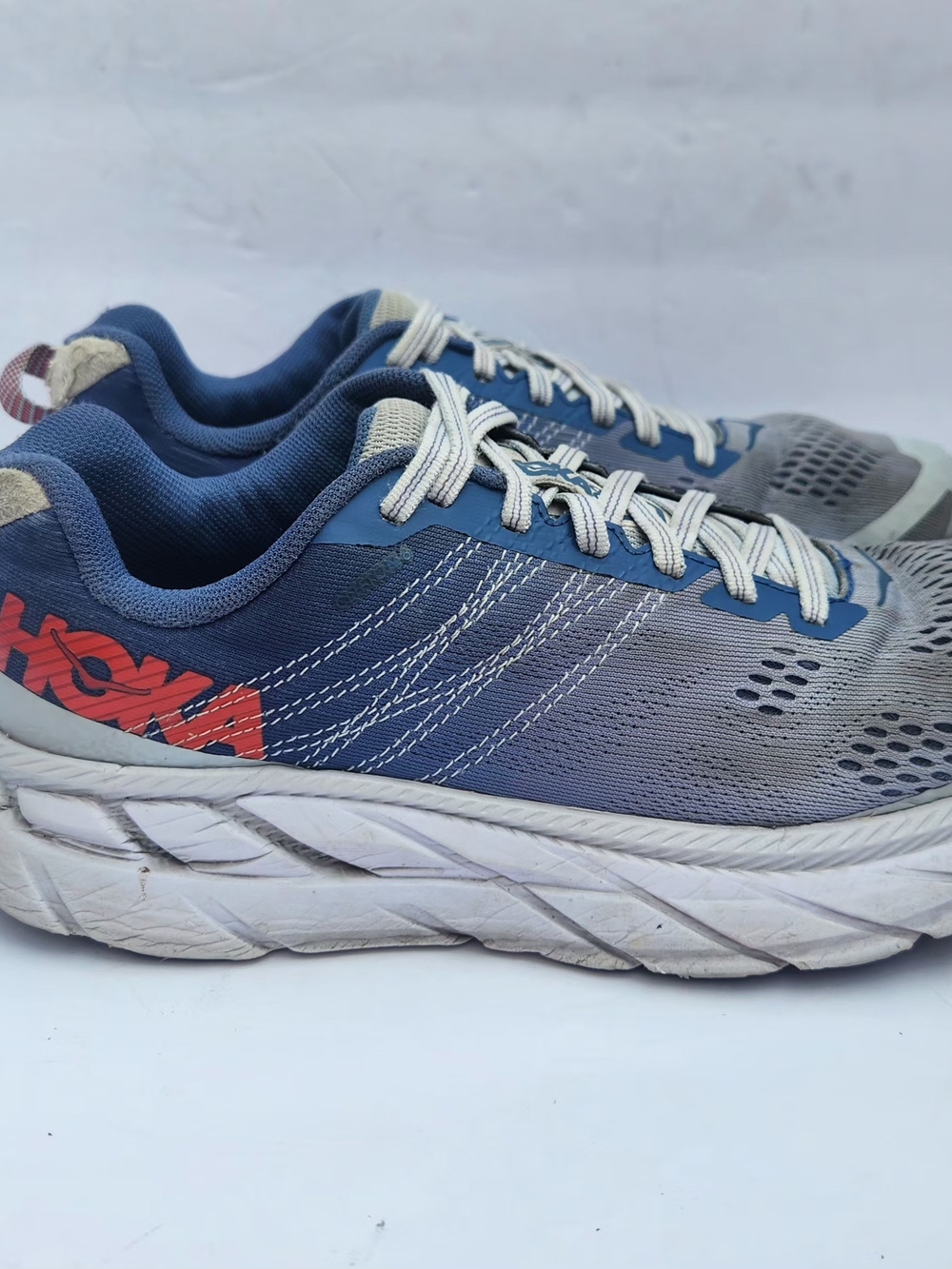 Hoka Women's Blue and Gray Athletic Running Shoes with Red Logo